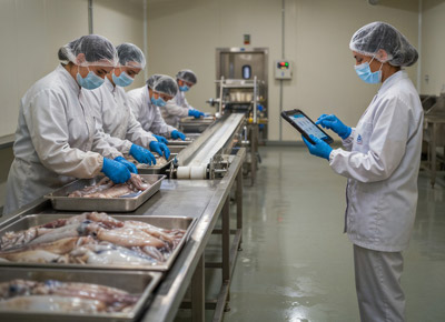 Personal de industria pesquera manipulando materia prima