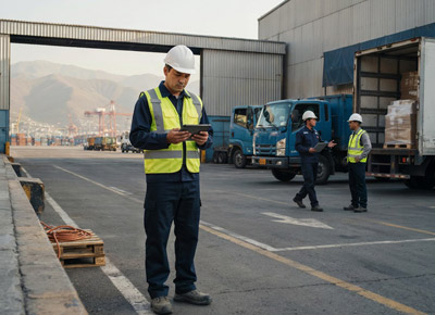 Hombre revisando lista de operaciones de transporte con camiones y personal de fondo